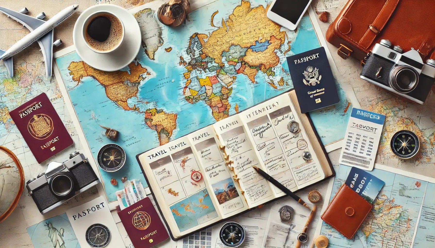 DALL·E 2025-03-17 22.58.05 - A beautifully designed travel itinerary spread across a desk, featuring a world map, a planner with handwritten notes, a cup of coffee, and travel ess DALL·E 2025-03-17 22.58.05 - A beautifully designed travel itinerary spread across a desk, featuring a world map, a planner with handwritten notes, a cup of coffee, and travel ess