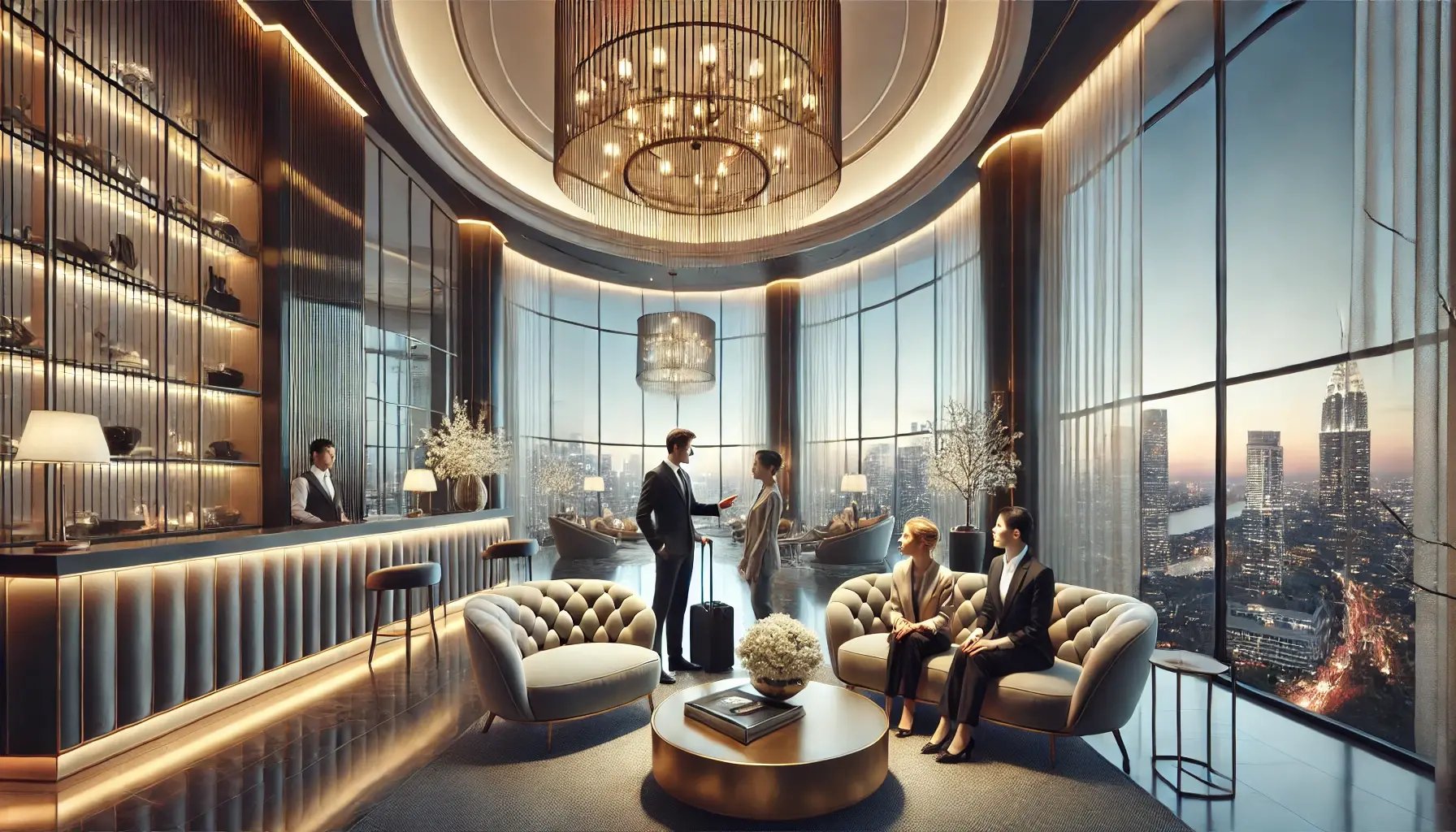 DALL·E 2025-03-17 23.35.12 - A luxurious hotel lobby with elegant modern design, featuring a grand chandelier, plush seating, and large glass windows overlooking a scenic city sky DALL·E 2025-03-17 23.35.12 - A luxurious hotel lobby with elegant modern design, featuring a grand chandelier, plush seating, and large glass windows overlooking a scenic city sky
