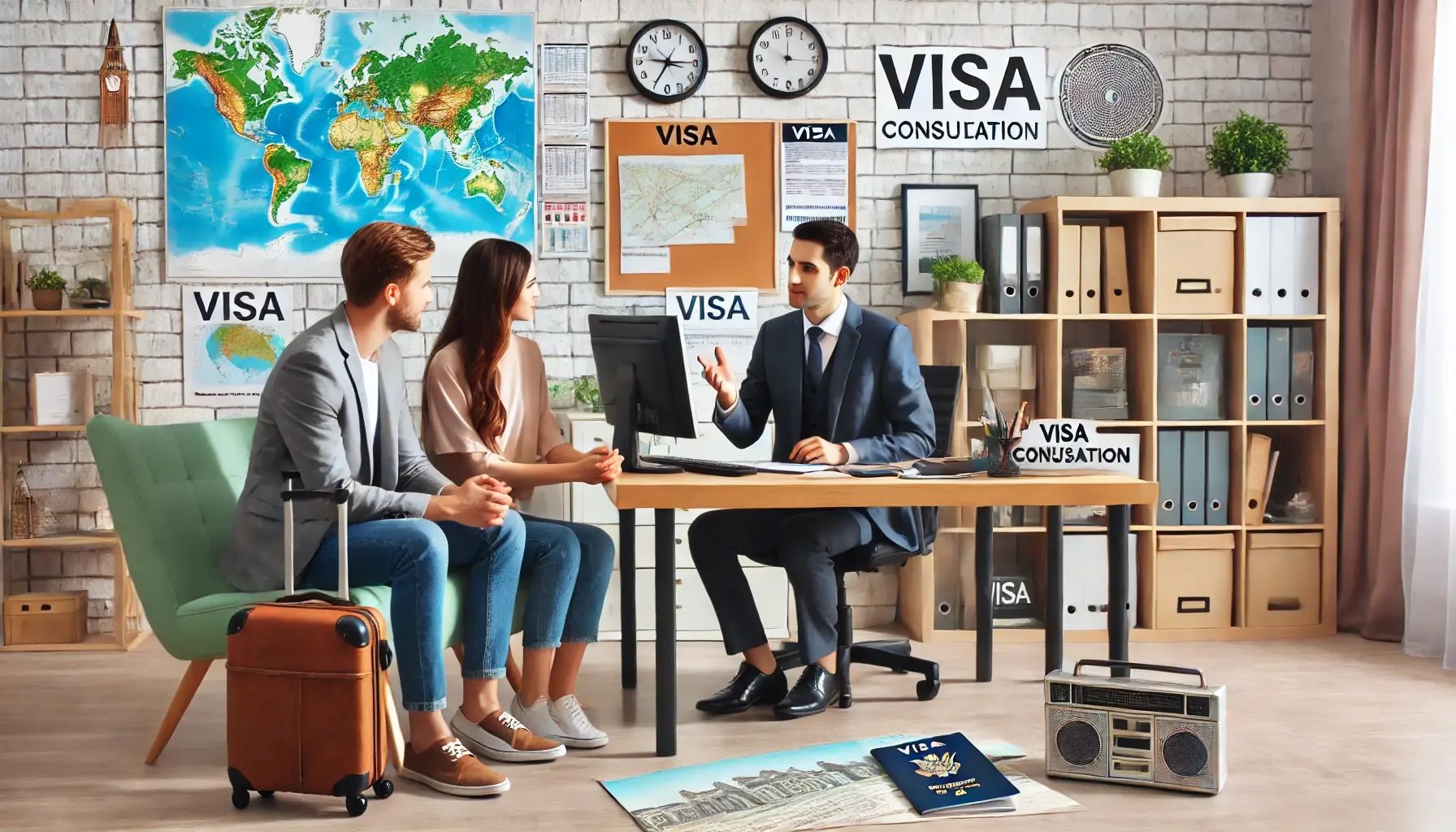 DALL·E 2025-03-18 00.16.48 - A professional visa consultation office with a travel advisor assisting clients. The setting includes a modern office with travel-related decor, maps, DALL·E 2025-03-18 00.16.48 - A professional visa consultation office with a travel advisor assisting clients. The setting includes a modern office with travel-related decor, maps,
